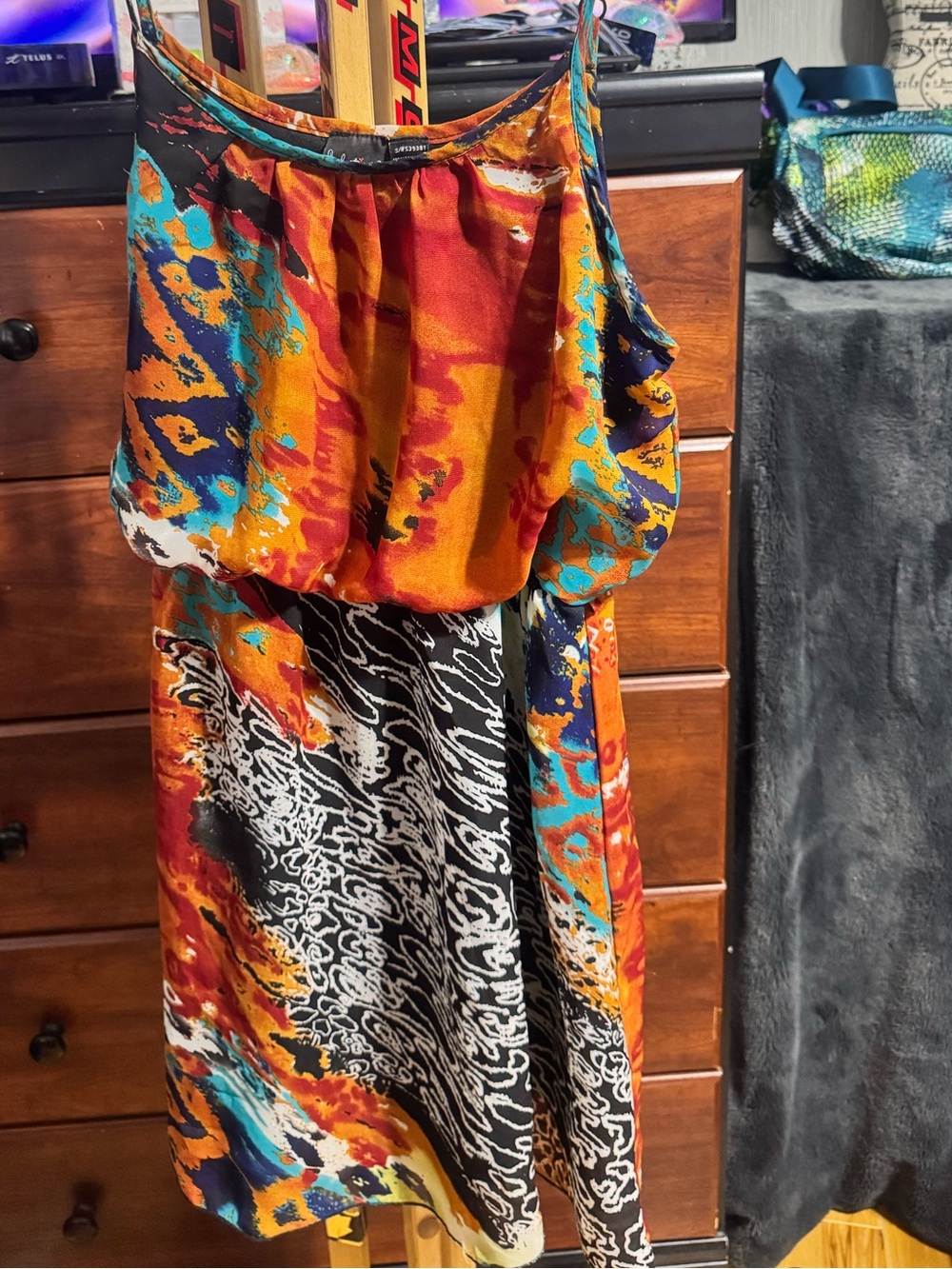 15. Seduction Sleeveless Printed Dress in Orange, Turquoise & Navy